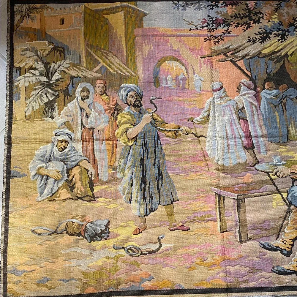 French Vintage Woven Tapestry Depicting Middle Eastern Scene with Snake Charmers